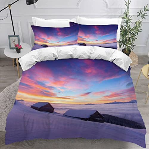 OENISE Hiver Housse de Couette 240x260 Adulte 3D Motif Montagne Parure de Lit 2 Personnes en Doux Microfibre Linge de Lit 3 Pièces avec Fermeture Éclai et 2 Taie d'oreiller 50x75