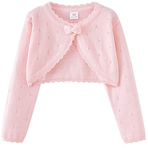 Maeau Gilet Boléro Enfant Fille Cardigan Manche Longue Petite Fille Gilet Pull en Tricot Bébé Boléro Coton Fleurs Rose Cache-Coeur Danse Classique Veste de Ballet Manteau Tricoté Col Rond Chandail 100