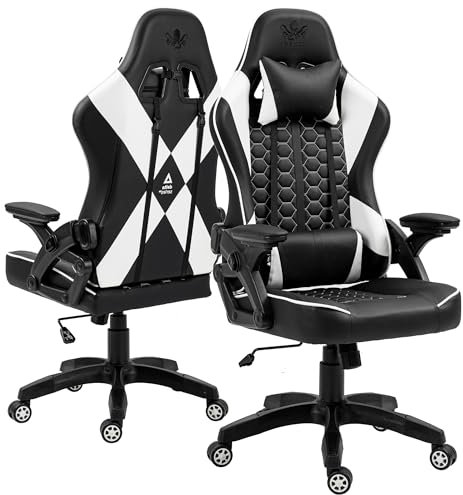 KRAKEN CHAIRS Chaise de Gaming en PVC Cuir - Noir Blanc - Siege Gamer Adulte - Chaise de Bureau - Confortable Chaises de Gamer - 130 kg - Ergonomique Fauteuil Gaming - Réglable Accoudoir/Lombaire