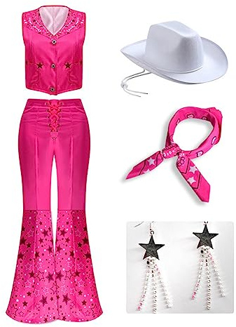 Yanny 2023 Film Cowgirl Kostüm Outsuit 70er 80s Hippie Disco Kostüm Wig Damen Rosa Schlaghose Halloween Cosplay (Rosa + Perücke, Large)