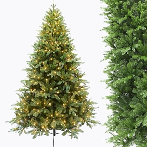 IGOOD Weihnachtsbaum Künstlich [100% Spritzguss] mit Beleuchtung, Nordmanntanne Edle mit 2001 Dicht Spitzen, Naturgetreu Tannenbaum Künstlich 210cm, PE Christbaum mit Metallständer als Weihnachtsdeko