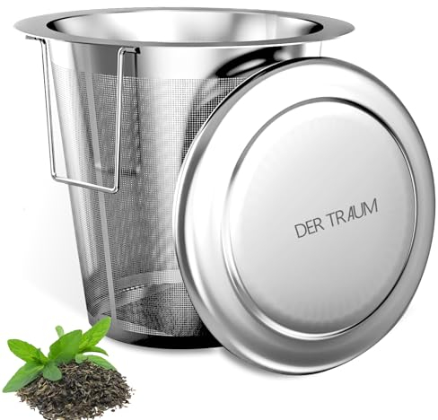 Der Traum Teesieb für Losen Tee aus 304 Rostfreiem Edelstahl – 1 Stück Teesieb für Tasse, Teefilter Edelstahl mit Deckel und Faltbare Griffe – Feinmaschig und Spülmaschinengeeignet