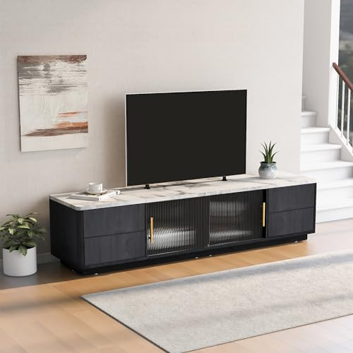 kubeier 160m Deluxe TV Stand für 70 TV - Stilvolles Grau, marmorierte Tischplatte, Kabelmanagement, Schubladen mit Push-to-Open-Funktion Fernsehtisch TV Board Rack - Wohnzimmer 160x40x44.5cm