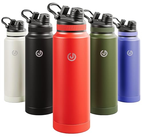 JOISCOPE Botella de agua de acero inoxidable con aislamiento, boca ancha, tapa con pajita elástica y boquilla, doble aislamiento al vacío, sin BPA, 40 oz, Rojo