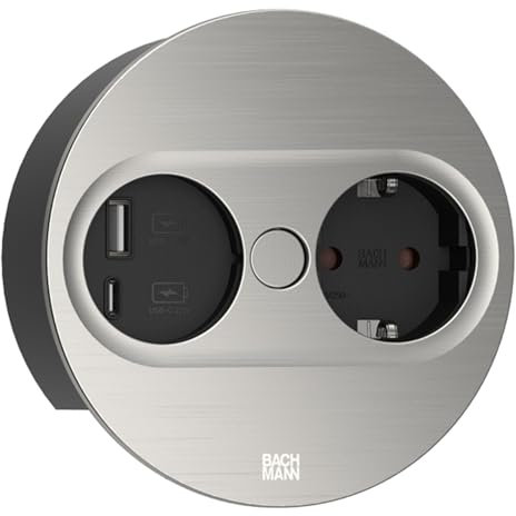 BACHMANN Einbausteckdose Twist 2 rund 1x Steckdose mit USB A und USB C 2m Kabel Tischsteckdose für Küche und Büro Edelstahl-Optik 946.004 (mit automatische Öffnung und Anti-Fingerprint Beschichtung)