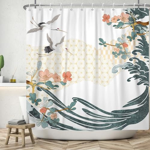 ASDCXZ Duschvorhang 180x200 cm, Asiatische Japanisch Malerei Pflaumenblüte Fliegender Kranich Wellen Bad Waschbar Duschvorhänge Polyester Textil Wasserdicht Badevorhang für Badewanne mit 12 Haken