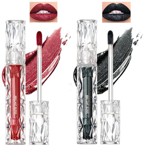 Diamond Glitter Lip Gloss Lipstick,Shimmer Black Red Sparkly Hydrating Flüssiger Lippenstift,High Pigmented Schimmer Long Lasting Waterproof Non-Stick Cup Lip Plumper Gloss Set for Women(2PCS)