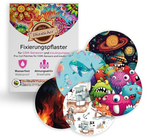 Diasticker® | Overpatch Fixierpflaster (5 Stück, Mix-Playtime) - Freestyle Libre 3, Dexcom G7, Katheter | Wasserfest - Atmungsaktiv - Starker Halt | Sensor-Patch, Fixierung, Tape, Pflaster