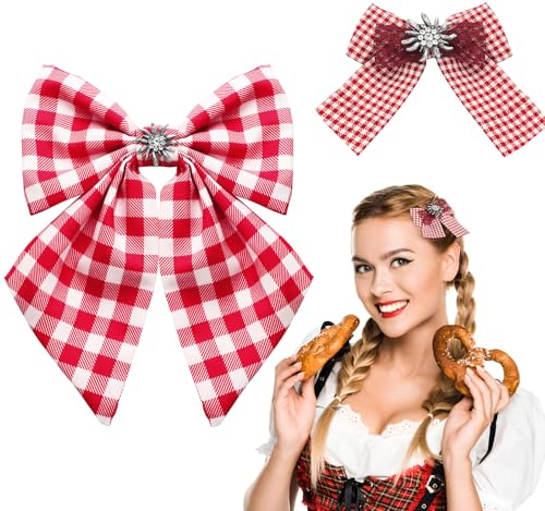 BOOMTOP 2 Stück Trachten Haarspangen Haarschleife Kariert Dirndl Haarschmuck Edelweiß Rot Weiß Schleife Haarclip Haarklammern Kopfschmuck Accessoires für Mädchen und Frauen
