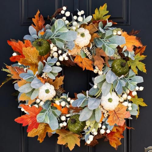 45cm Künstliche Kürbisse Kranz,Künstlicher Herbst Kranz Ahornblatt Kranz mit Haustür Dekoration Kranz mit Ahornblätter Kürbis Bunte Beeren für Halloween Thanksgiving Weihnachten Wandschmuck (Orange-4)