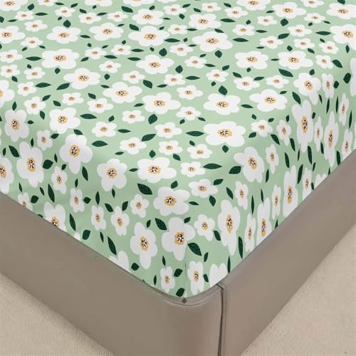 Mateju Spannbettlaken aus Mikrofaser, Elegant Blumen Druck Spannbetttuch Weiche Bequem Bettlaken für Einzelbett Doppelbett Boxspringbett, Matratzen bis zu 30 cm Höhe (120x200cm,Grüner Frühling)