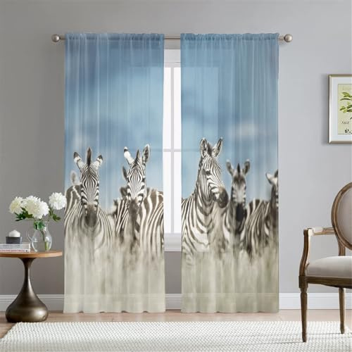 Hiseng Gardinen Vorhang Küche 2er Set Tierdruck Voile Vorhänge Halbtransparent Schiebegardinen Moderne Voile Vorhang Gardine für Wohnzimmer Schlafzimmer Fenster (Zebra,132x160cm)