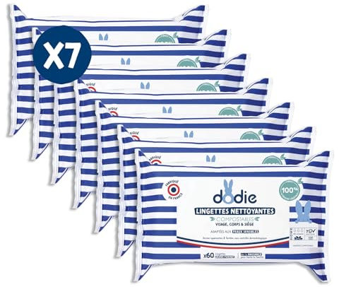 Dodie Lot de 7 Paquets de Lingettes compostables dermo-apaisantes x60