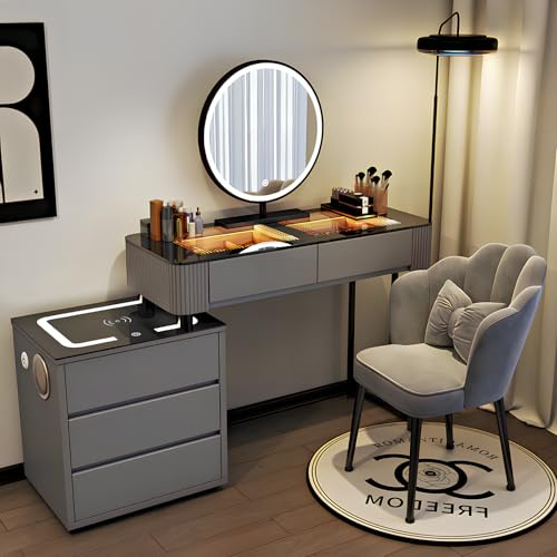 yalmond Schminktisch-Set aus Holz mit LED-Lichtern, Spiegel, weißer Schlafzimmer-Schminktisch mit 5 Schubladen und Stuhl, Make-up-Tisch, modernes Schminktisch-Set für Mädchen (grau, 100 cm)