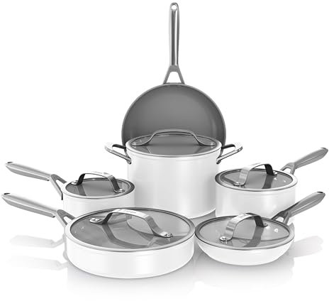 Ninja NeverStick Ceramic Pro 11-Piece Cookware Set, Non-Stick Pots and Pans, Glass Lids, Ceramic Coated, Stainless Steel, Stove to Oven Safe, All Stovetops, Induction Compatible, White, CW39011WH