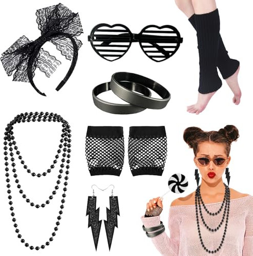 Ronilp 80s Fancy Dress for Women, Black 1980s Accessories for Women Costume Accessories Set with Leg Warmer Necklace Bracelet Bow Headband Fishnet Gloves Earrings Hollow Glasses