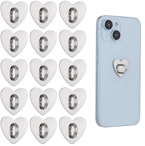 Qianyu 16 Pcs Cell Phone Finger Ring Holder Heart Charm Cute Universal Ring Hook Adhesive Metal Phone Finger Grip Loop Stand for Sticky Cell Case Pad Charms Accessories Tablet DIY Hanging Supplies