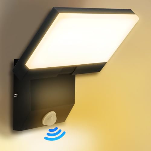 18W Applique Exterieur/Intérieur LED avec Détecteur de Mouvement Applique Murale Exterieur Rotatif avec 180°LED Panneau Rotatif IP67 Blanc Chaud 3000K Noir pour Terrasse Entrée Jardin Garage