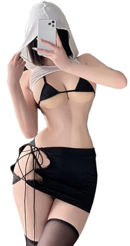 SNOMYRS Tiny Bikini Kawaii Cospaly Lingerie Triangle Micro Mini Bikinis Extreme String Bra Culotte Ensemble avec cache-maillot de bain Jupe Maillot de bain Noir, Noir , Taille unique