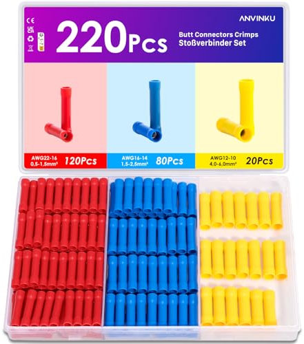 Stossverbinder Set, ANVINKU 220 Stück Kabel Quetschverbinder, 0,5mm² - 6mm² Stoßverbinder Sortiment mit Box, Isoliert Kabelverbinder Set, KFZ Kabelschuhe, Crimpverbinder (Rot/Gelb/Blau)