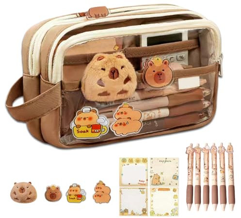 Mrltau Estuche Capybara con 6 Bolígrafos Capybara & Peluche Capybara & Artículos Capybara, 5 Capas, Gran Apertura, Estuche Kawaii Capybara Estético, Lindo Set De Bolígrafos Capybara