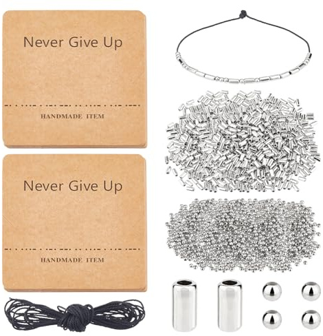 DICOSMETIC DIY Morsecode Armband Perlen Set Inklusive 2000 Stück 2 Stile Platin Plastikperlen 4.36 Yards Gewachster Baumwollkordel Und 14 Stück Armband Display Karten