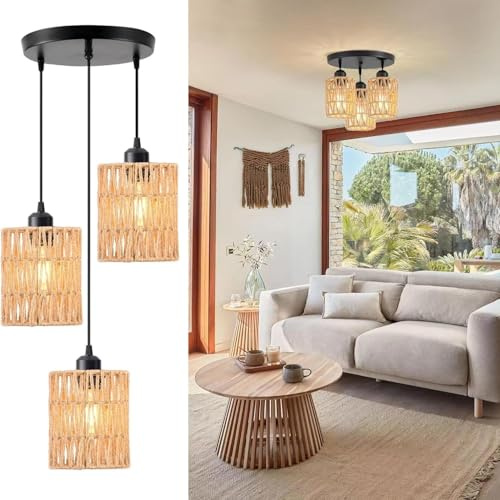 ENXING 3-flammiger Boho Deckenleuchter Farmhouse Pendelleuchte mit 3 handgewebten Rattanschirmen für Küche Schlafzimmer Wohn und Esszimmer Rattan Hängelampe Farmhouse Pendelleuchten