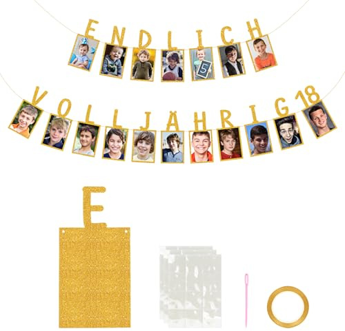Cadimus Fotogirlande 18. Geburtstag Gold, Endlich Volljährig, Deko 18. Geburtstag, für Fotos von 1 bis 18 Jahre