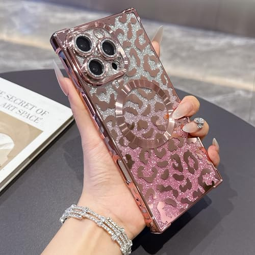 QIWEIQING Case for iPhone 13 Pro Max Compatible with MagSafe for Glitter Leopard Cheetah Print Design, Cute Magnetic Slim Bumper Phone Cover for Women Girls and Men for iPhone 13 Pro Max. Pink BW