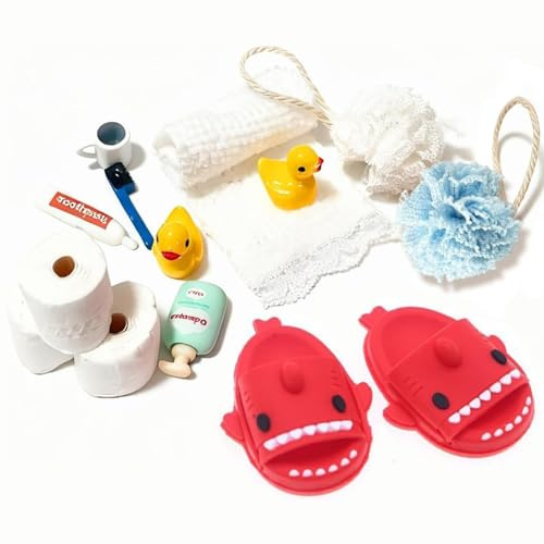AKSXU Wichtel Zubehör, 14Stück Miniatur Wichtelzubehör Bade-Set für Wichteltür Weihnachten Deko, mit Mini Rot Slippers,Zahnpasta,Ente, Klopapier und Handtuch