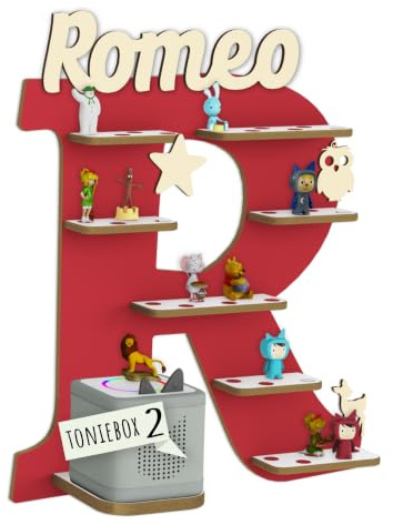 Holzura Tonie Regal für Toniebox 2, Toniebox Regal personalisiert mit Name und Holzsymbolen, Tonie Aufbewahrung (Buchstabe R)