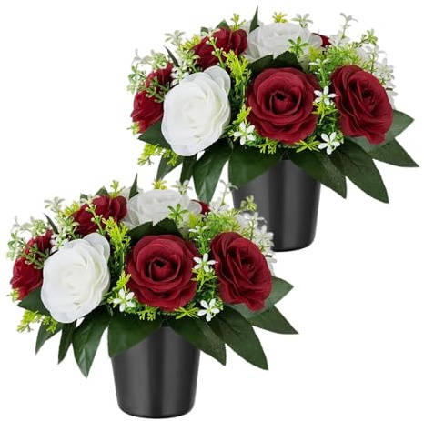 CECOMBINE 2 PCS Artificial Flowers for Graves, Red White Roses Memorial Arrangement, 25cm Silk Memorial Grave Flowers with Pots, Weatherproof Funeral Arrangements for Outdoor Graveside