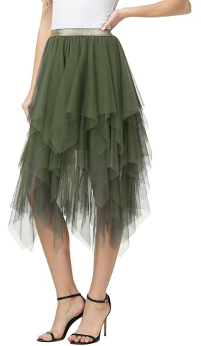 Damen Tüll Röcke Asymmetrisch Tüllröck A-Linie Midi Rock Puffy Fee Röcke Elegant Weich Knielang Layered Tutu Rock