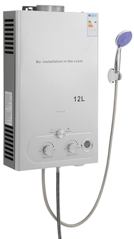 Durchlauferhitzer ohne Tank LPG Warmwasserbereiter, Tankless Instant Heißwasserbereiter mit Duschkopf und Duschschlauch, Gaswasserheizer für den Einsatz im Freien in Zuhause, Wohnmobilen (12L)