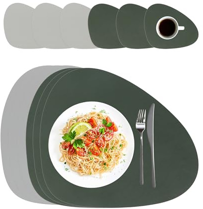 Relaxdays Platzdeckchen mit Untersetzern, 6er Set, Kunstleder, 30 x 40,5 cm, abwischbar, ovales Tischset, grau/grün