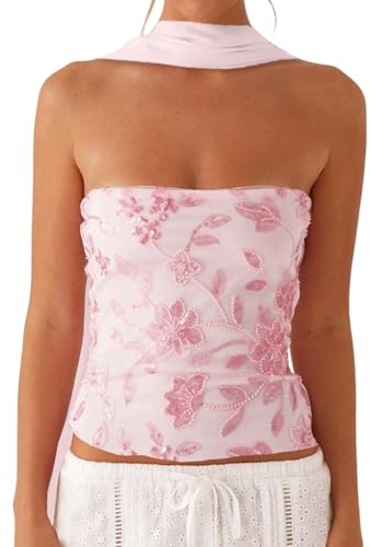Anuedgis Top da donna con paillettes perline tubo top senza spalline crop a fascia con sciarpa Y2K Party Club per uscire