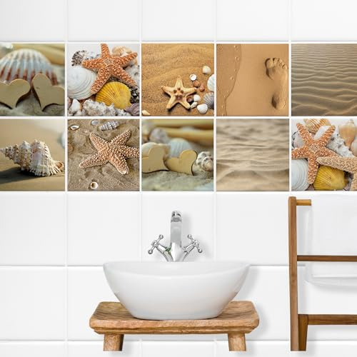 GRAZDesign Fliesenaufkleber Set Sand Strand Meer Urlaub, wasserfest für Bad & Küche, Klebefliesen - Set 10 Stück