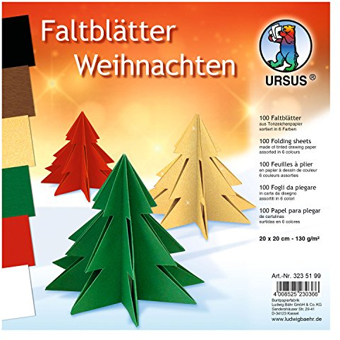 Ursus 3235199 - Faltblätter Weihnachten, aus Tonzeichenpapier 130 g/qm, 100 Blatt in 6 Farben, ca. 20 x 20 cm, durchgefärbt, hohe Farbbrillanz und Lichtbeständigkeit, ideal für schöne Faltfiguren
