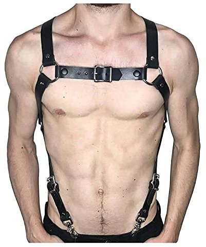 keland Herren Punk Leder Verstellbarer Schulter Gürtel Brustgurt Tragegurt Cosplay Bekleidung Unterwäsche(Schwarz-005)