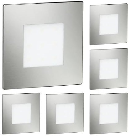 ledscom.de 6 Stück LED Treppenlicht/Wandeinbauleuchte FEX für innen und außen, eckig, edelstahl, 85 x 85mm, blau
