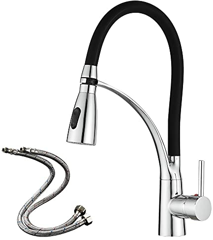 Heable Grifo mezclador de cocina con pulverizador de doble función, palanca única giratoria de 360° con manguera de silicona negra, acabado cromado disponible en latón macizo