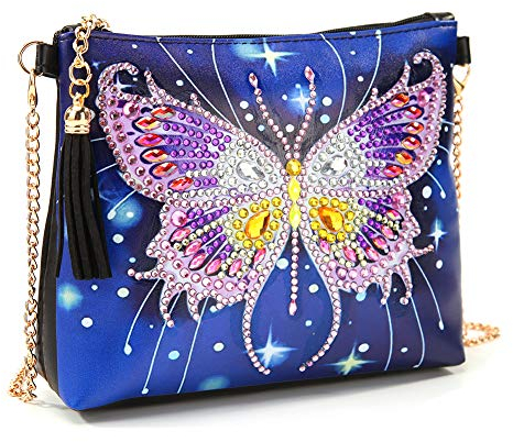 MWOOT DIY 5D Diamant Peinture Sac Bandoulière avec Chaîne,Diamond Art Painting Sac à Main Sac à Bandoulière Porte-Monnaie en Cuir Sac pour Fille Femme (18 x 15CM)-Papillon