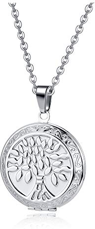 Zysta Vintage Charms Medaillon Kette für Foto Bilder, Silber Rund/Herz Anhänger zum Öffnen mit Blumen Muster Herzanhänger Amulett für Damen Mädchen (Lebensbaum)