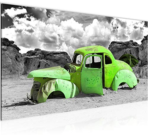 Runa Art Wandbild Auto Oldtimer 1 Teilig 100 x 40 cm Modern Bild auf Vlies Leinwand Vintage Wohnzimmer Grün Grau 011212b