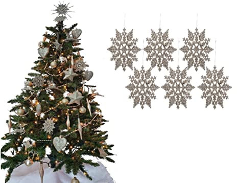 Simply Products Pack of 6-10cm Glitter Hanging Decoration, Snowflakes Christmas Tree Decorations (Champagne Gold)