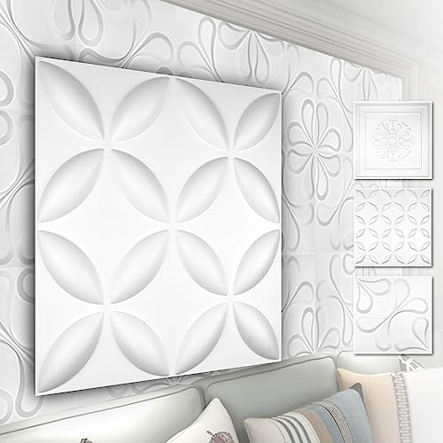 HEXIM 3D Wandpaneele, PVC Kunststoff weiß - Blumen Design Paneele 50x50cm Wandverkleidung (5QM HD038) Wandverblender Verblendung Deckenpaneele