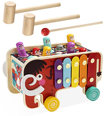 Wisplye Hammer Spielzeug Klopfbank Holz, Montessori Holzspielzeug Klopfspiel Musik Xylophon Hammerspiel Motorikspielzeug Lernspielzeug Geschenk Baby 1 2 3 Jahr Mädchen Junge