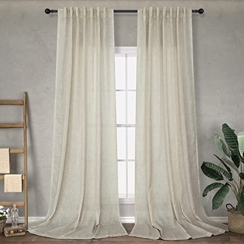 Flax Linen Long Curtains 108 Inch Length for Living Room 2 Panels Back Tab Pocket Large Window Draperies Sack Tweed Light Filtering Semi Sheer Beige Curtain for Patio Door Cotton Muslin Look 9 FT Tall