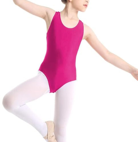 Prime fashions Body da bambina per scuola, sport, danza, danza, ginnastica, senza maniche, Rosa acceso, 13-14 Anni
