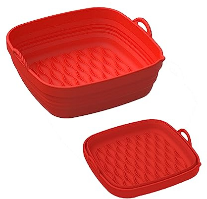 SELLD 7QT Square Silicone Air Fryer Liner Basket - Kitchen Accessories Reusable- Foldable - Heat Resistance - Dishwasher Safe for Oven and Microwave - – 8inch (Red)